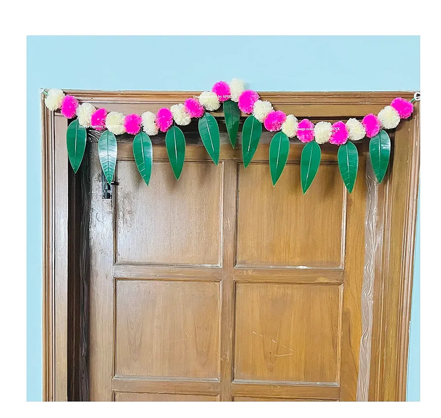 Artificial Marigold &Mango Leaves Simple Door-Window Toran Cream and Baby Pink