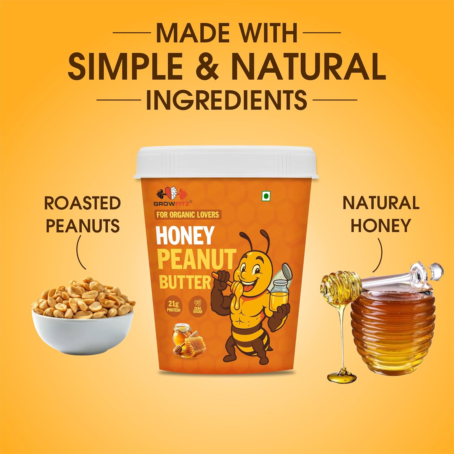 Growfitz Honey Peanut Butter 400g | 21g High Protein | Roasted Peanut With Added B-12 & Minerals for Brain & Heart Health, Zero Added Sugar | Tasty & Healthy Bread Spread (Pack of 1)