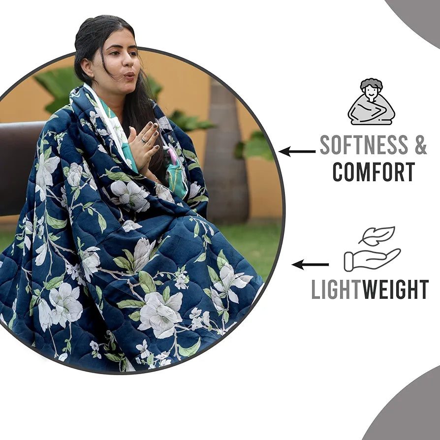 Divine Casa Microfibre 150 GSM Reversible Flower Print Double Bed Size Comforter, Blanket Colour Sea Green and Blue