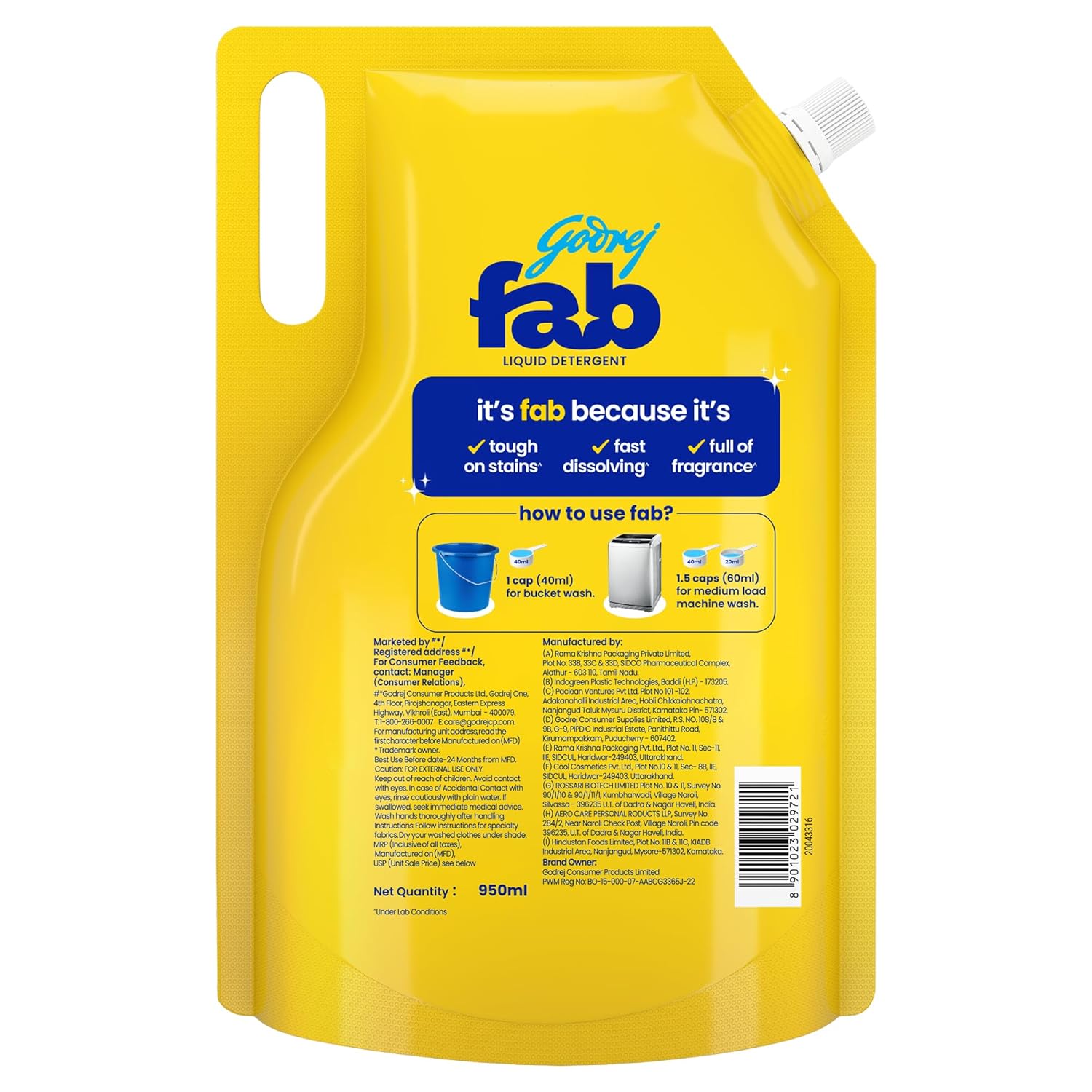 Godrej Fab Liquid Detergent Refill Pouch for Machine & Bucket Wash (800g)