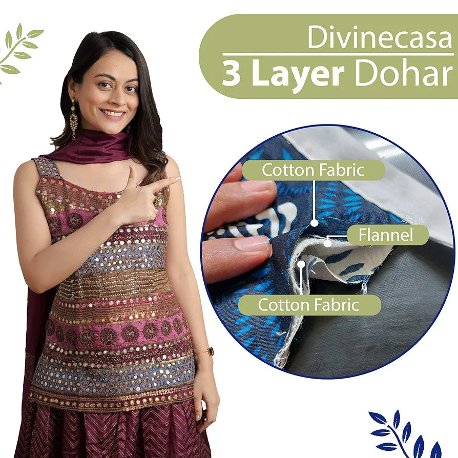 Divine Casa Floret 100% Cotton Double Dohar 120 GSM Soft & Lightweight Throw Blanket Colour Palm Green