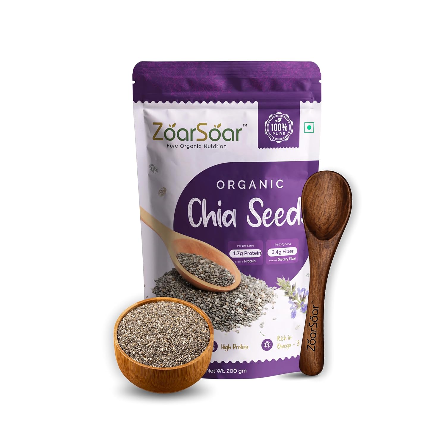 ZoarSoar Premium Raw Chia Seeds (200g) | Unpolished, Clean, Non GMO Superfood for Heart Health & Digestion | Natural Pure Omega-3, Fibre & Plant Protein Source | Organic Chia Seeds For Weight Loss