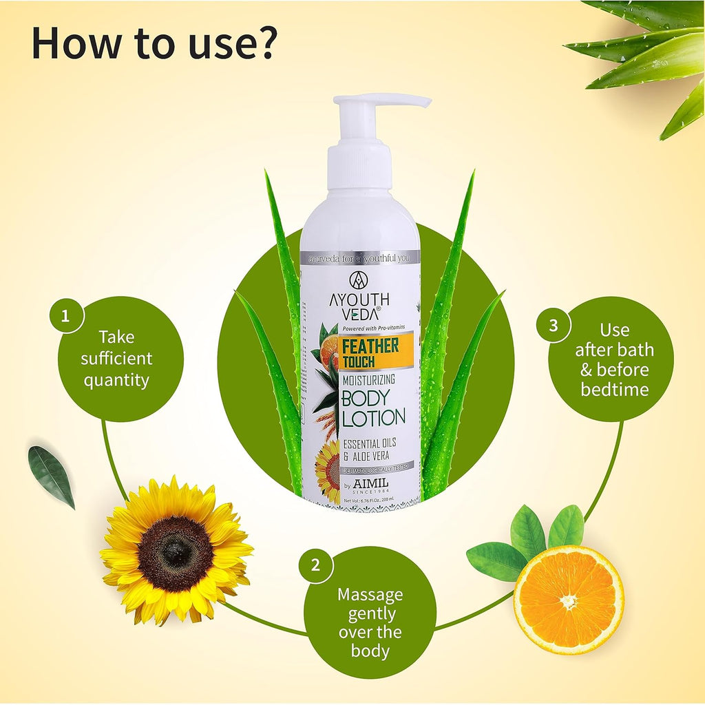 Ayouthveda Feather Touch Moisturizing Body Lotion| Powered with Pro-Vitamins, 5 Essential Oils & AloeVera|Suitable For Normal To Dry Skin| Helps to Repair Damage Skin(Pack Of 1;200ml)