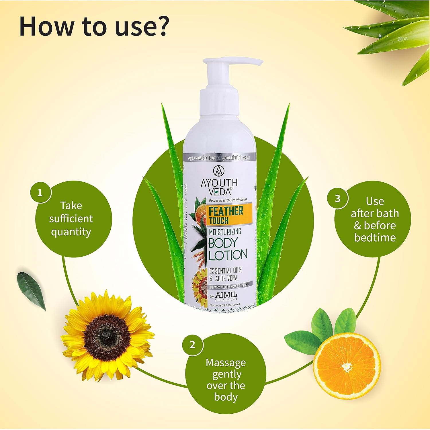 Ayouthveda Feather Touch Moisturizing Body Lotion| Powered with Pro-Vitamins, 5 Essential Oils & AloeVera|Suitable For Normal To Dry Skin| Helps to Repair Damage Skin(Pack Of 1;200ml)