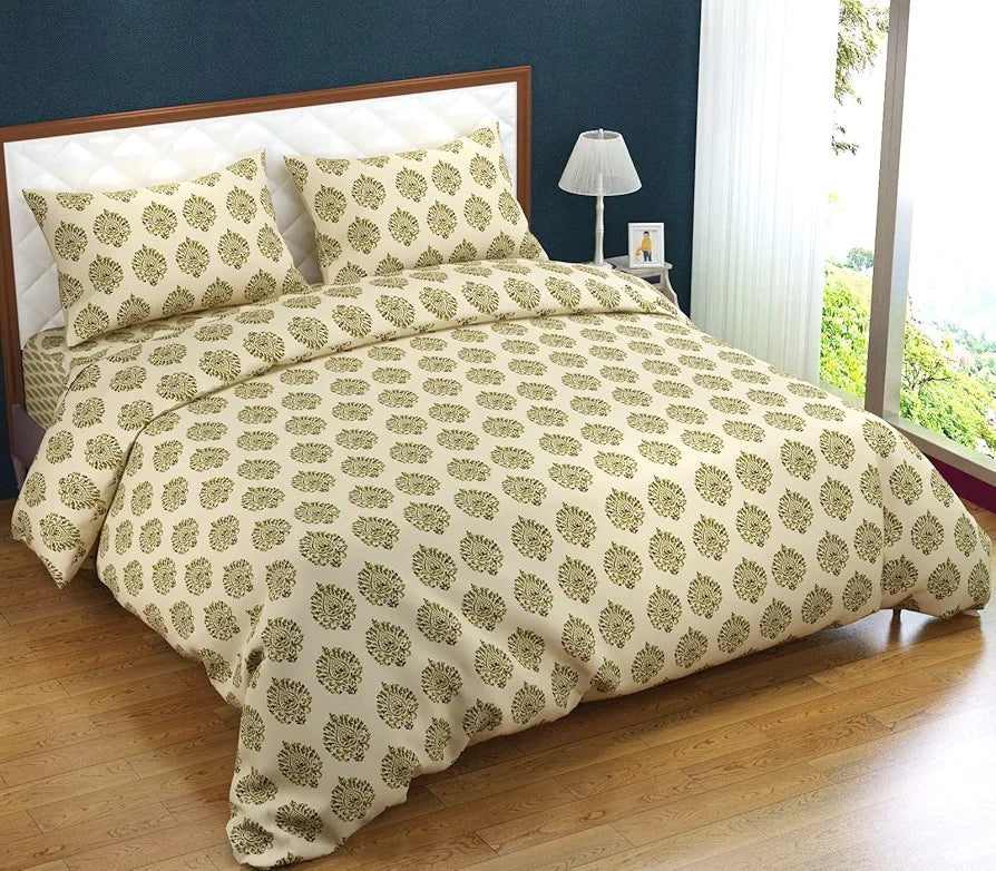 Trance Home Linen 200TC 100% Cotton Printed Zippered Duvet Cover/Blanket Cover/Quilt Cover Queen Size with 2 Pillow Covers Colour Damask Forest Green