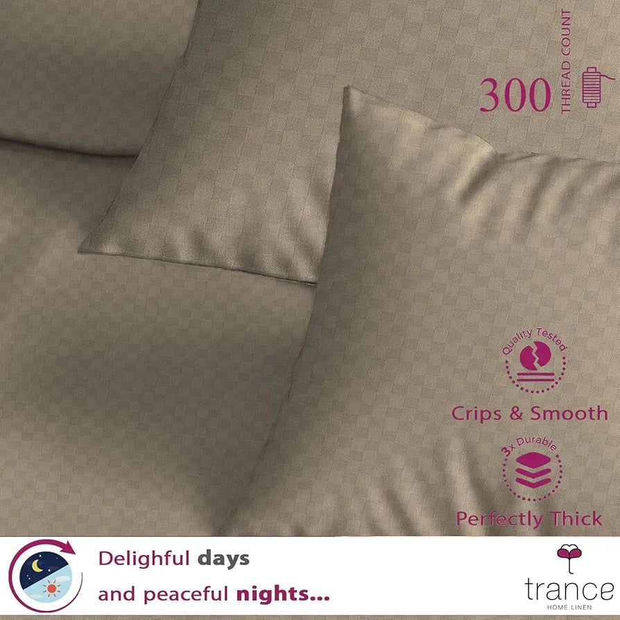 Trance Home Linen Skin Friendly 100% Cotton Solid Jacquard Weave Fitted Bedsheet with 2 Pillow Cover-Premium 300Tc Colour Queen Mocha