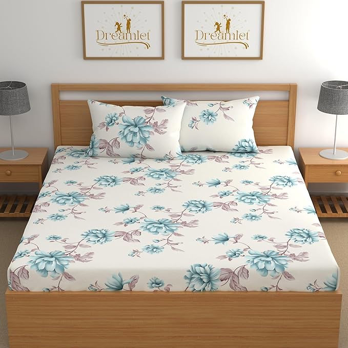 Dreamlet 180tc Cotton Feel All Around Elastic Fitted Bedsheets for Double Bed With 2 Pillow Covers | Off White & Blue