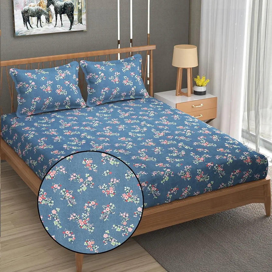 Fresh From Loom Anti Fade Floral Print 240 TC Microfiber King Size Bedsheet with 2 Pillow Covers Greyish-Blue