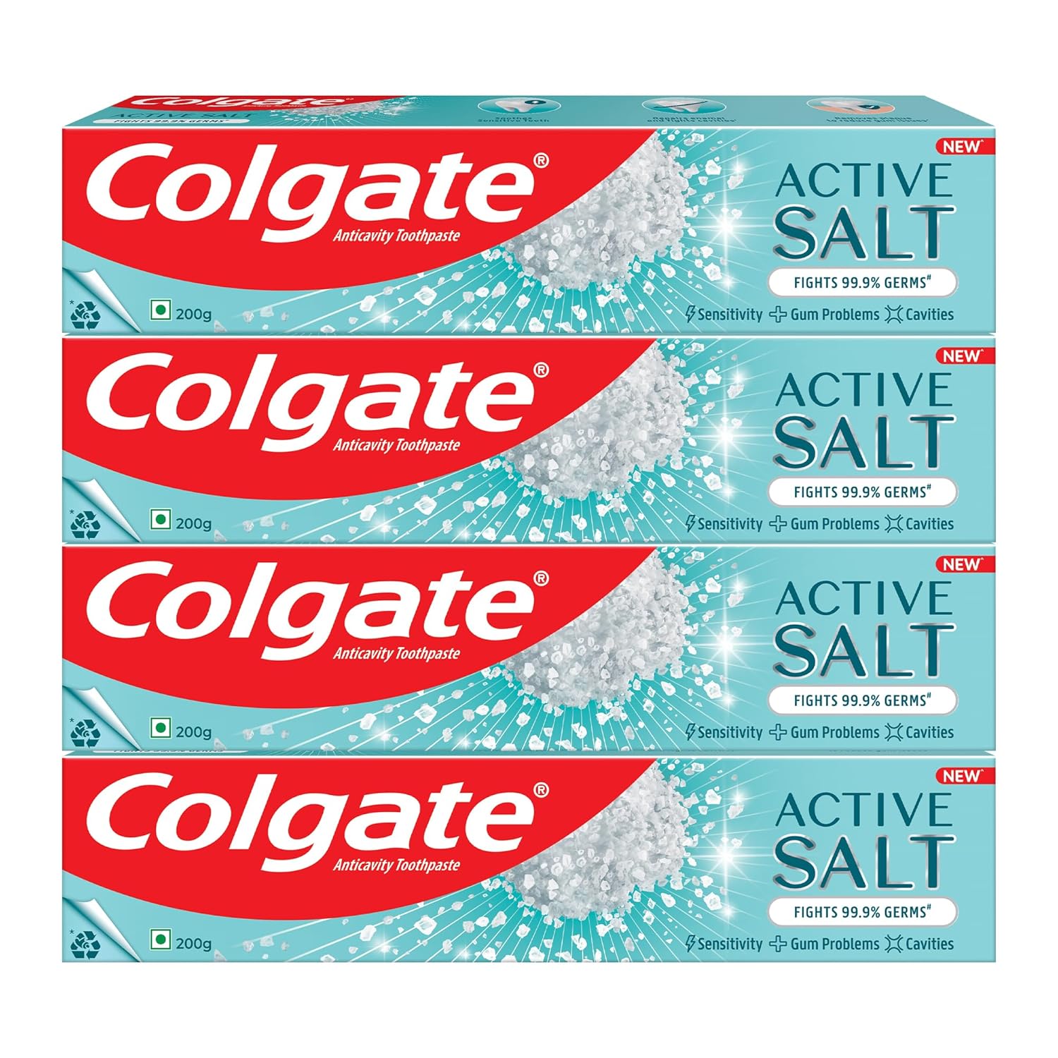 Colgate Active Salt Buy 3 Get 1 Free, 800g (200g x 4, Pack of 4) Toothpaste, Daily Germ Protection, Toothpaste with Salt & Mint, Healthy Gums & Teeth, Fights Germs & Eliminates Bad Breath