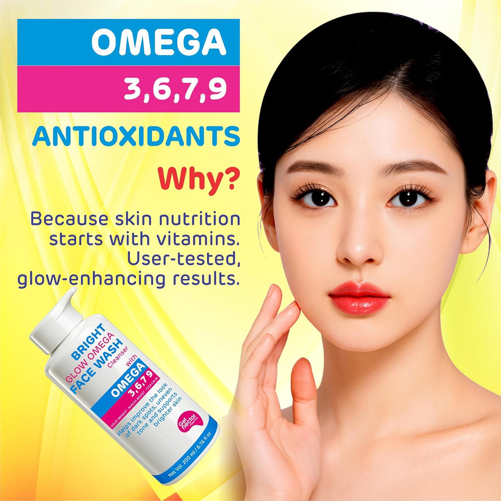 Get Nectar Happiness Bright Glow Omega Korean Glow Essence Face Wash Cleanser | Dark Spot, Pigmentation, Whitening & Brightening, Even Skin Tone & Gentle Daily Cleanser for Radiant, Glowing Skin â€“ 200 ml