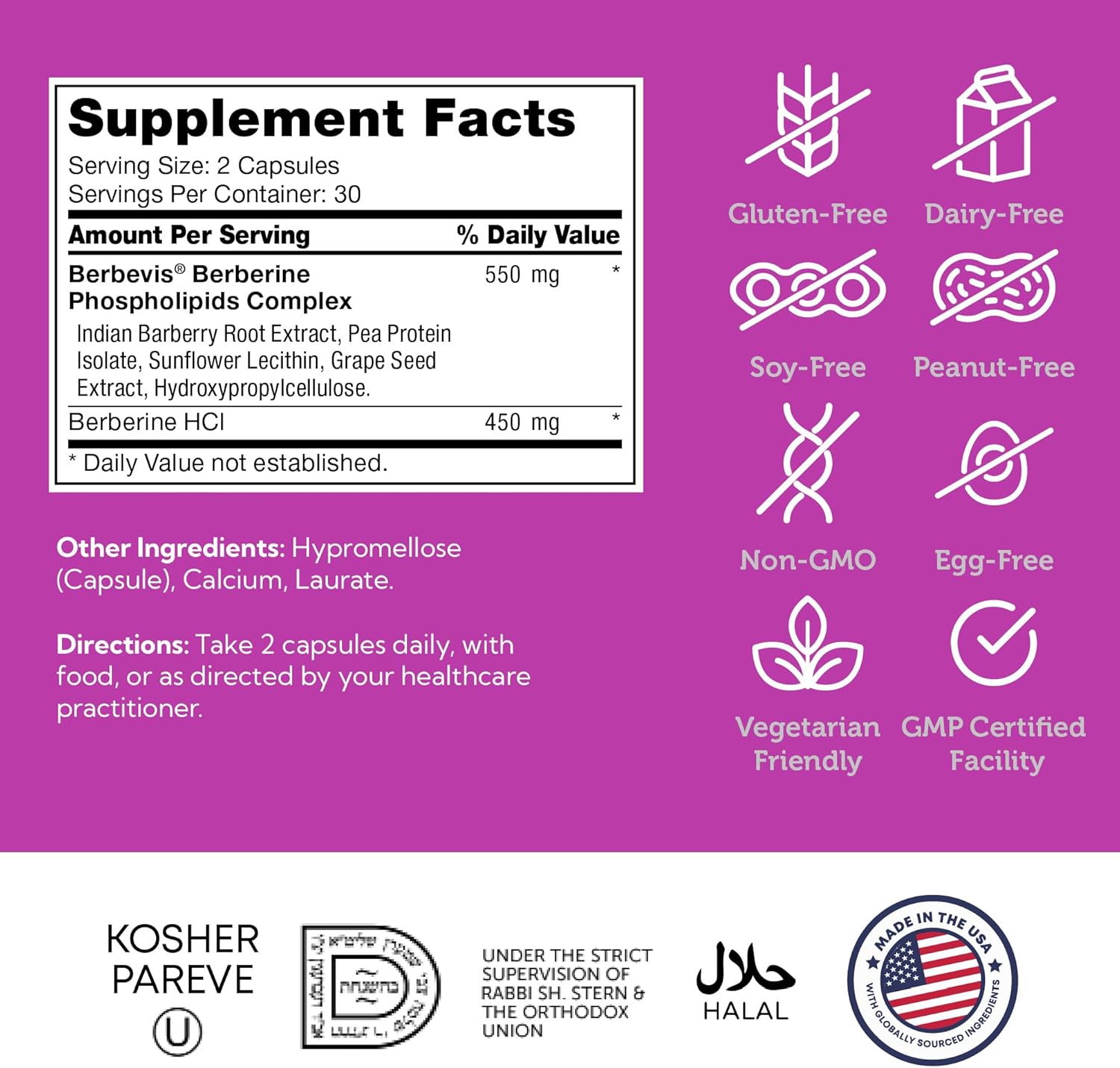Zahler Berberine - Supports Healthy Metabolism for Busy Adults - Herbal Supplement for Heart Health Support - Easy-to-Swallow Capsules - Kosher, Non-GMO & Gluten-Free - 60 Capsules, 30 Servings