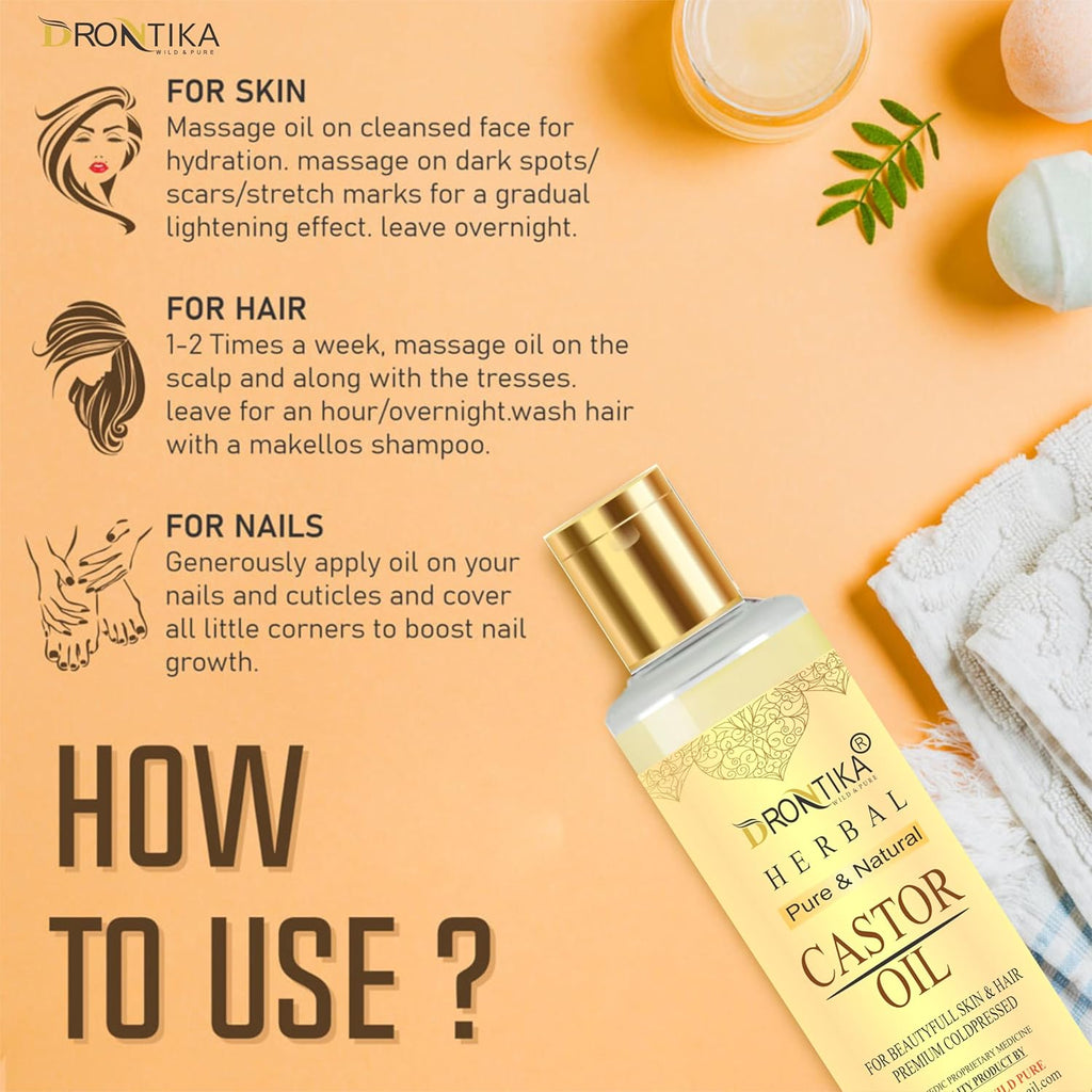 DRONTIKA Castor Oil 100% Pure, Cold Pressed, To Support Hair Growth, Good Skin and Strong Nails | Castor Oil for Skin Care (Arandi Oil ) Premium Cold Pressed , Pure & Virgin Grade - 210 ML