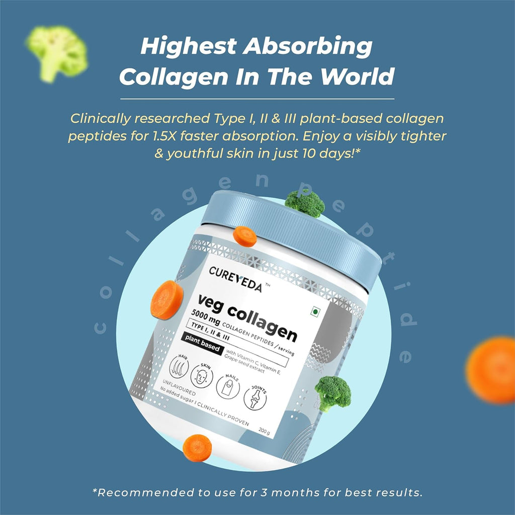 Cureveda Veg Collagen 5000mg Collagen Peptide with added Vitamin C & E, Grapeseed Extract For Healthy Skin, Hair & Nails | Men & Women - 150 gm Powder Unflavoured