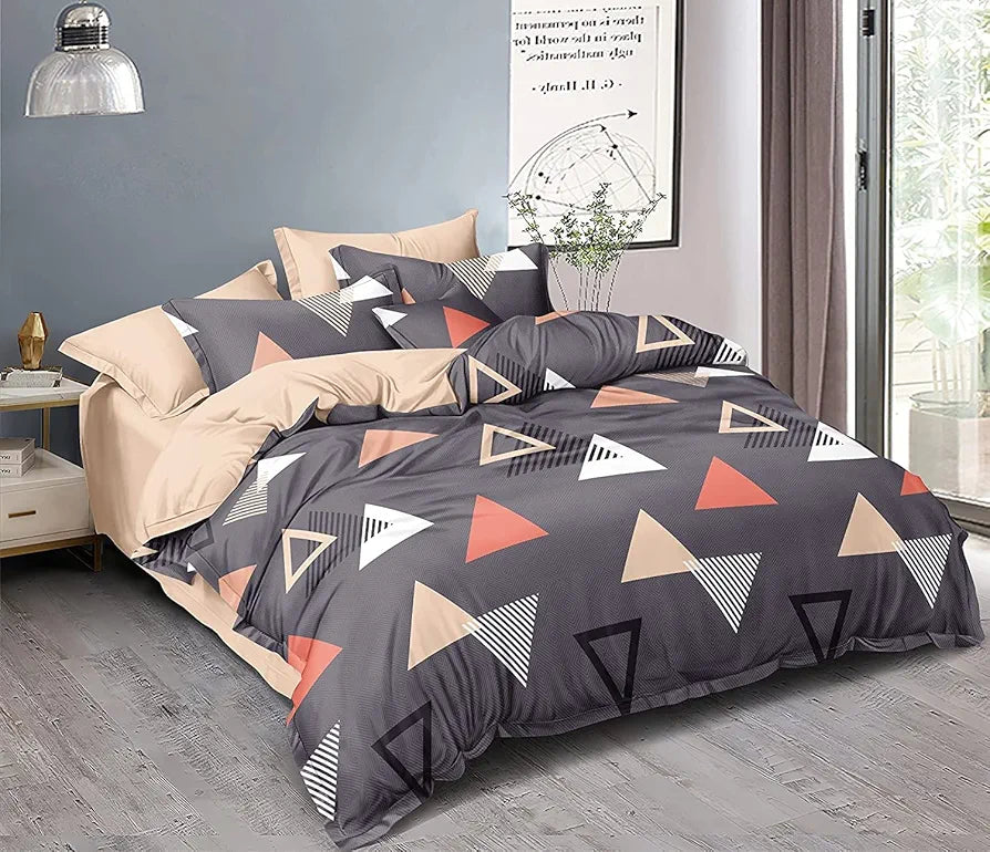 The Home Style Cotton Feel Glace Cotton Elastic Fitted Printed Queen Size Double Bed Bedsheet With 2 Pillow Cover,300 TC Graphite Triangle