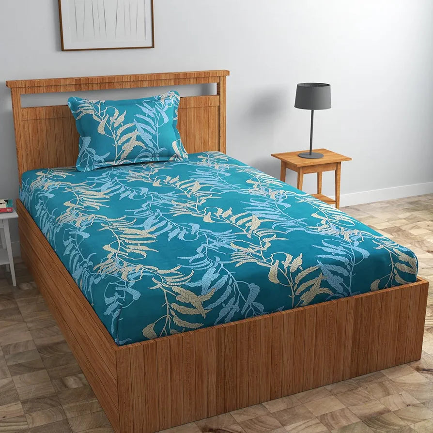 Homefab India 160 TC Glace Cotton Single BedSheet with 1 Pillow Cover Aqua Floral