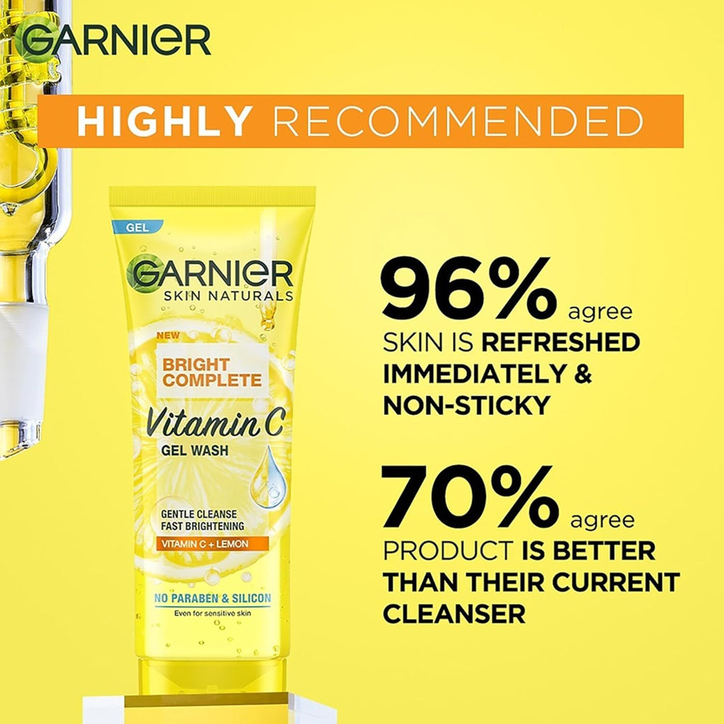 Garnier Skin Naturals Bright Complete Vitamin C Face Wash Gel | Gentle Cleanser - Vitamin C Face Wash For Brighter and Glowing Skin | Reduces Dullness | Daily Cleanser, For all Skin Types, 100g