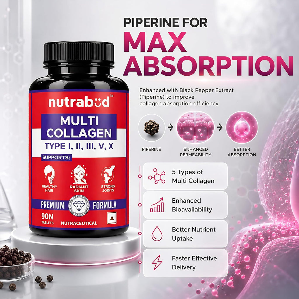 Nutrabud Multi Collagen Complex Supplement for Women, Men - 90 Tablets - Hydrolyzed Peptides with all 5 Types of Collagen Including TYPE I, II, III, V & X (90 Count (Pack of 1), Unflavoured)