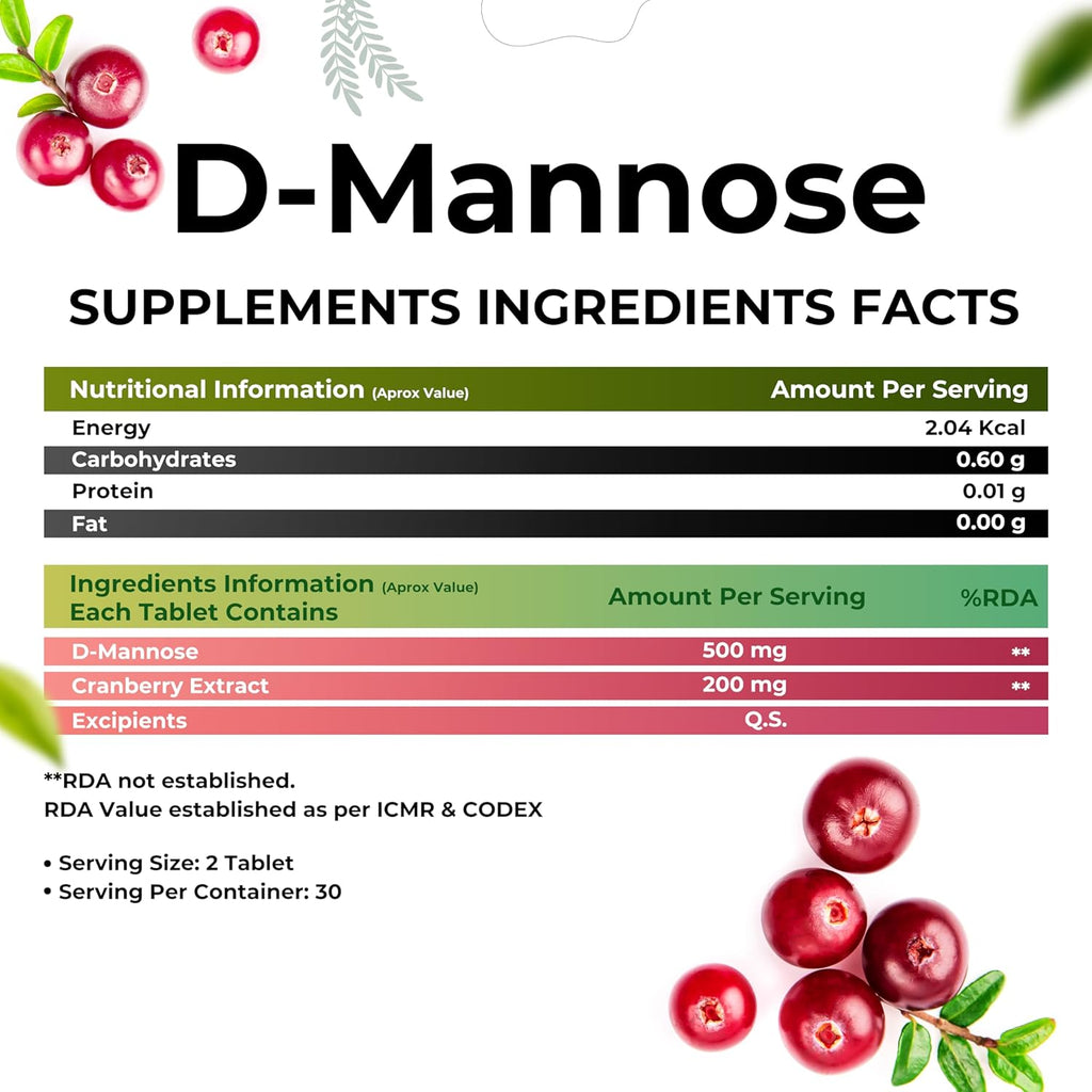 HEALTH VEDA ORGANICS PRIVATE LIMITED D-Mannose 500 mg + Cranberry Extract 200 mg | 60 Veg Tablets I Supports Kidney Health & Urinary Tract Infection
