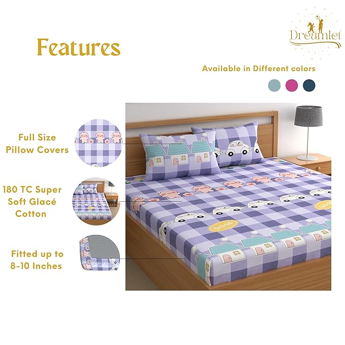 Dreamlet 180tc Cotton Feel All Around Elastic Fitted Bedsheets King Size for Double Bed With 2 Pillow Covers | Purple
