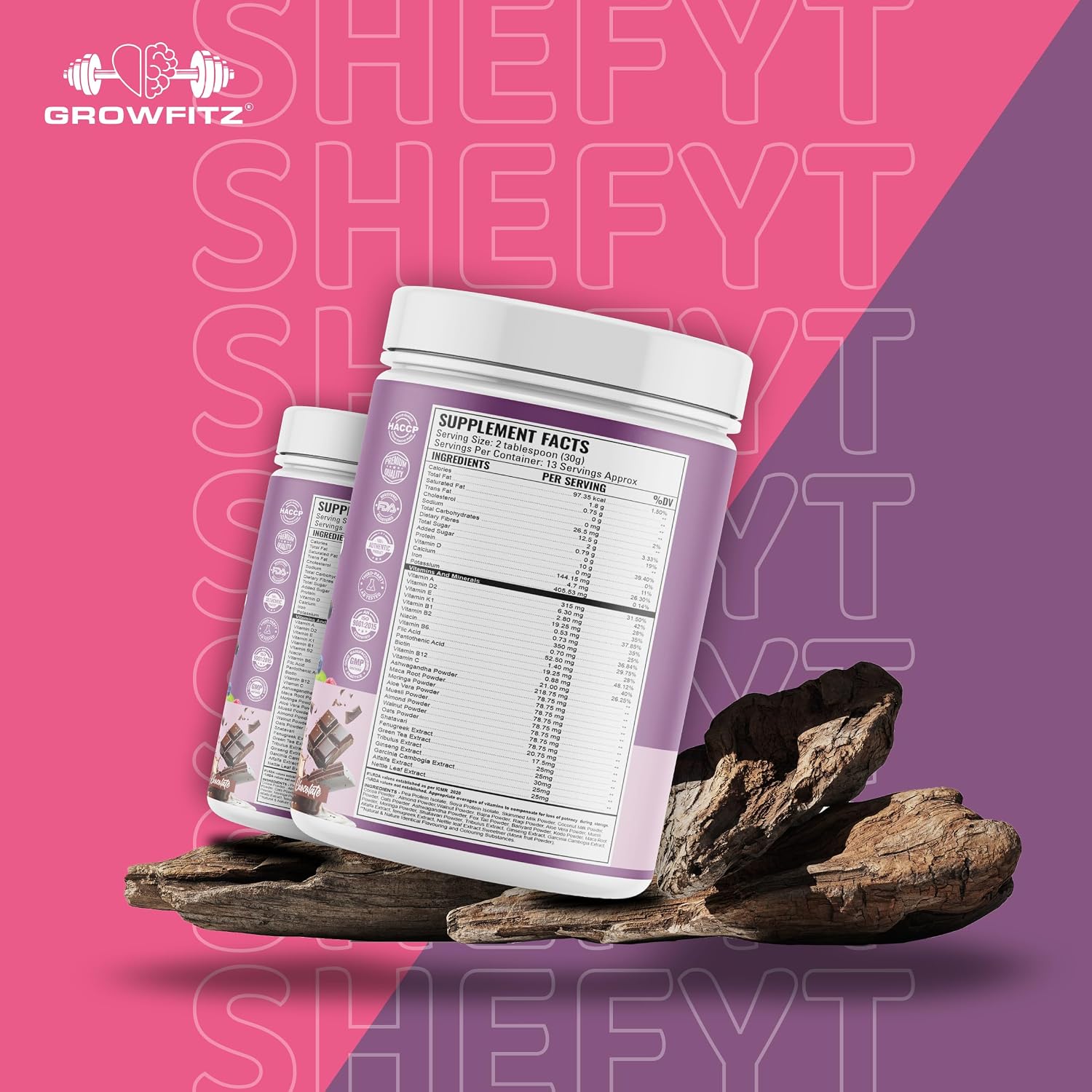 Growfitz 100% Natural Plant Protein Rich Meal Replacement Shake 400g | 12g Protein per Serving, 50+Powerful Herbs, Supports Weight Management, Energy, Immunity & Wellness Low Fat for Women, Chocolate