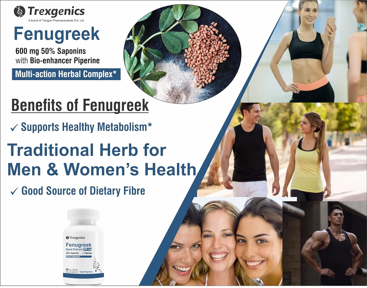 Trexgenics FENUGREEK Premium Standardized (50% Saponin) 600 mg with Bio-enhancer Piperine 5mg Multi-action Herbal Complex (60 Vcaps) (1)