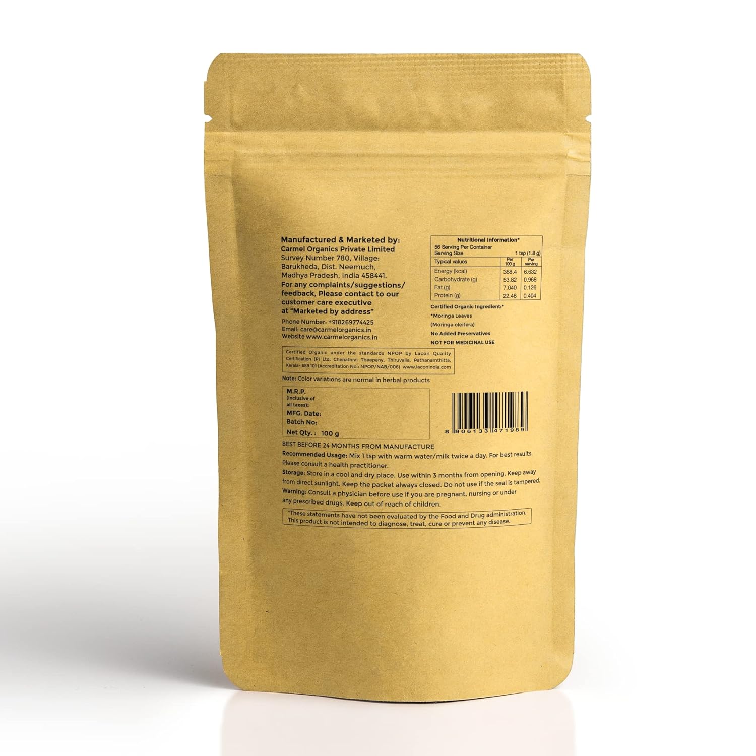 Carmel Organics Moringa Leaves Powder - 340 gms