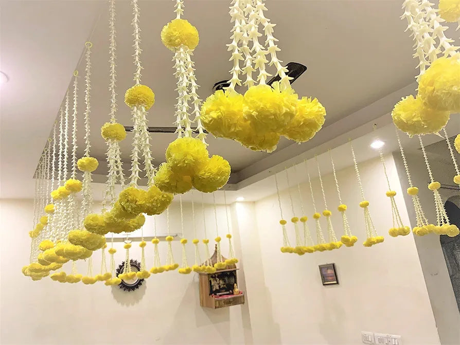 Artificial Rajnigandha Clustered Fluffy Marigold Strings 2.33 ft  Pack of 6 Yellow