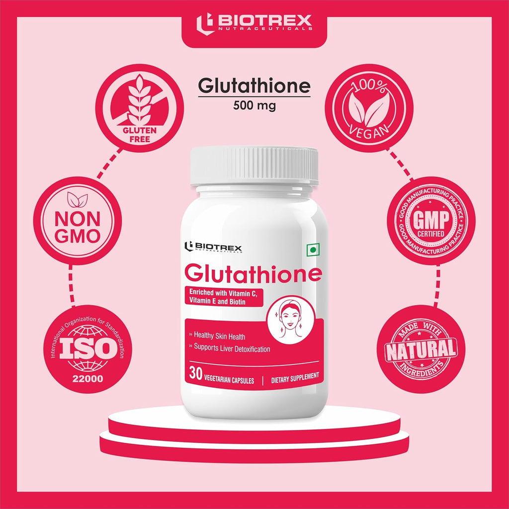 Biotrex Nutraceuticals Glutathione With Vitamin C & E, Biotin, Grape Seed Extract, Alpha Lipoic Acid, L-Lysine For Healthy Skin Health, Antioxidant Supplement - 30 Vegetarian Capsules