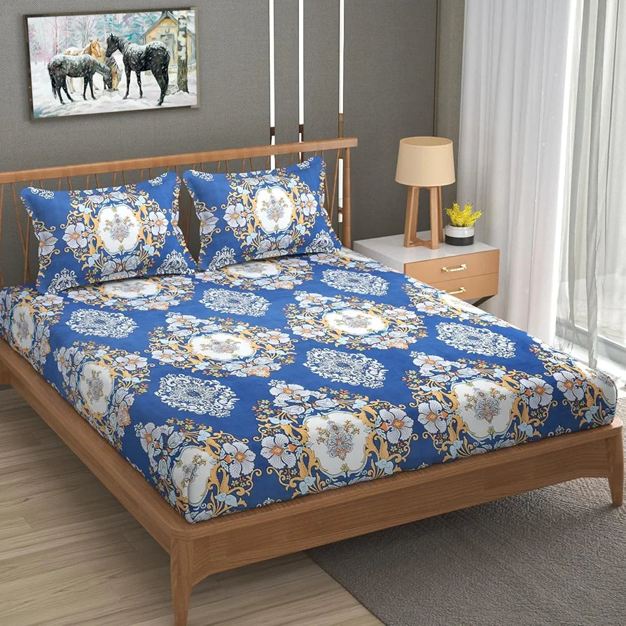 Homefab India 180 TC Microfiber Double BedSheet with 2 Pillow Covers White Blue Floral