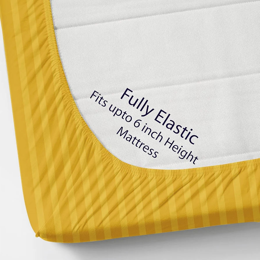 Homefab India 160 TC Stripe Cotton Feel Glace Cotton Elastic Fitted King Size Double Bed Bedsheet with 2 Pillow Covers Fits Upto 6 inches Mattress Yellow