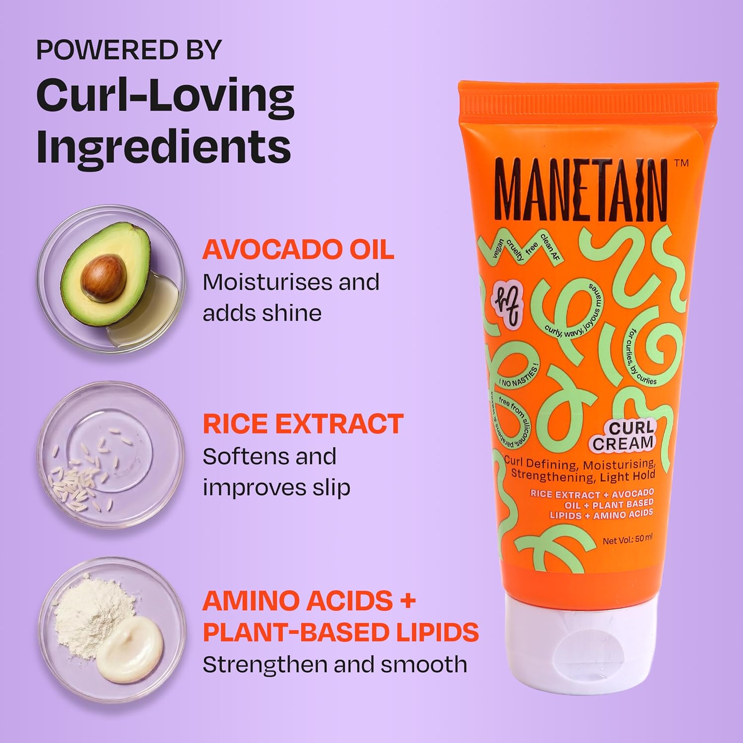 MANETAIN Curl Cream 50ml for Curly & Wavy Hair | Frizz Control, Soft Hold & Moisturizing Styling Cream | Enhances Natural Curls, Reduces Frizz | Sulfate-Free, Paraben-Free, Vegan Hair Care