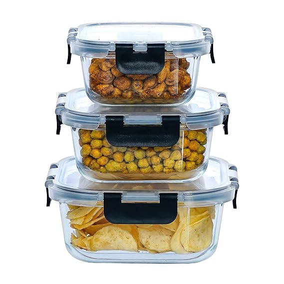 Femora Borosilicate Square Microwave Oven Safe Glass Container With Dectahable & Break Free Lid | Black Color | 300,500,800 Ml