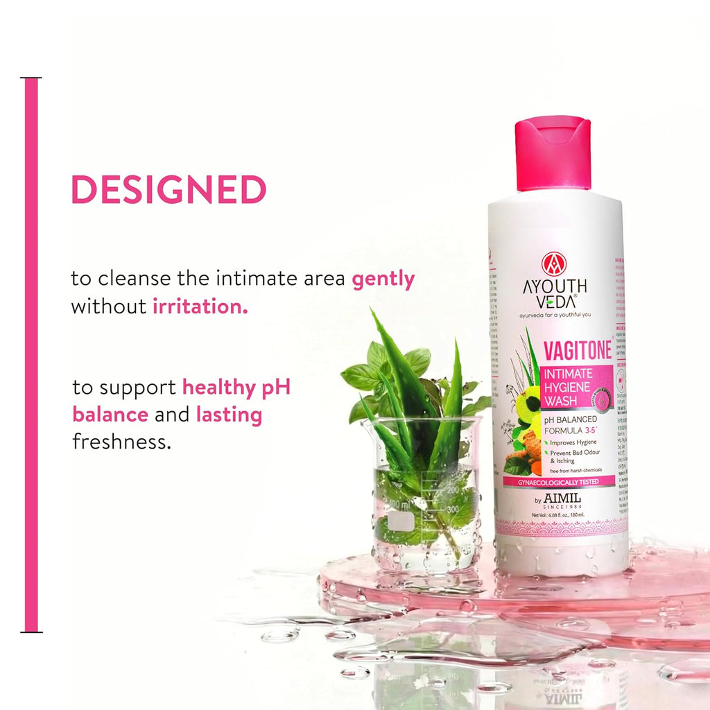 Ayouthveda Vagitone Intimate Hygiene Wash For Women | pH Balanced Daily Intimate Wash | Controls Odor, Itching & Dryness | Sulfate-Free, Gynaecologically Tested | With Sphatika, Green Tea & Aloe Vera | 180 ml (Pack of 1)