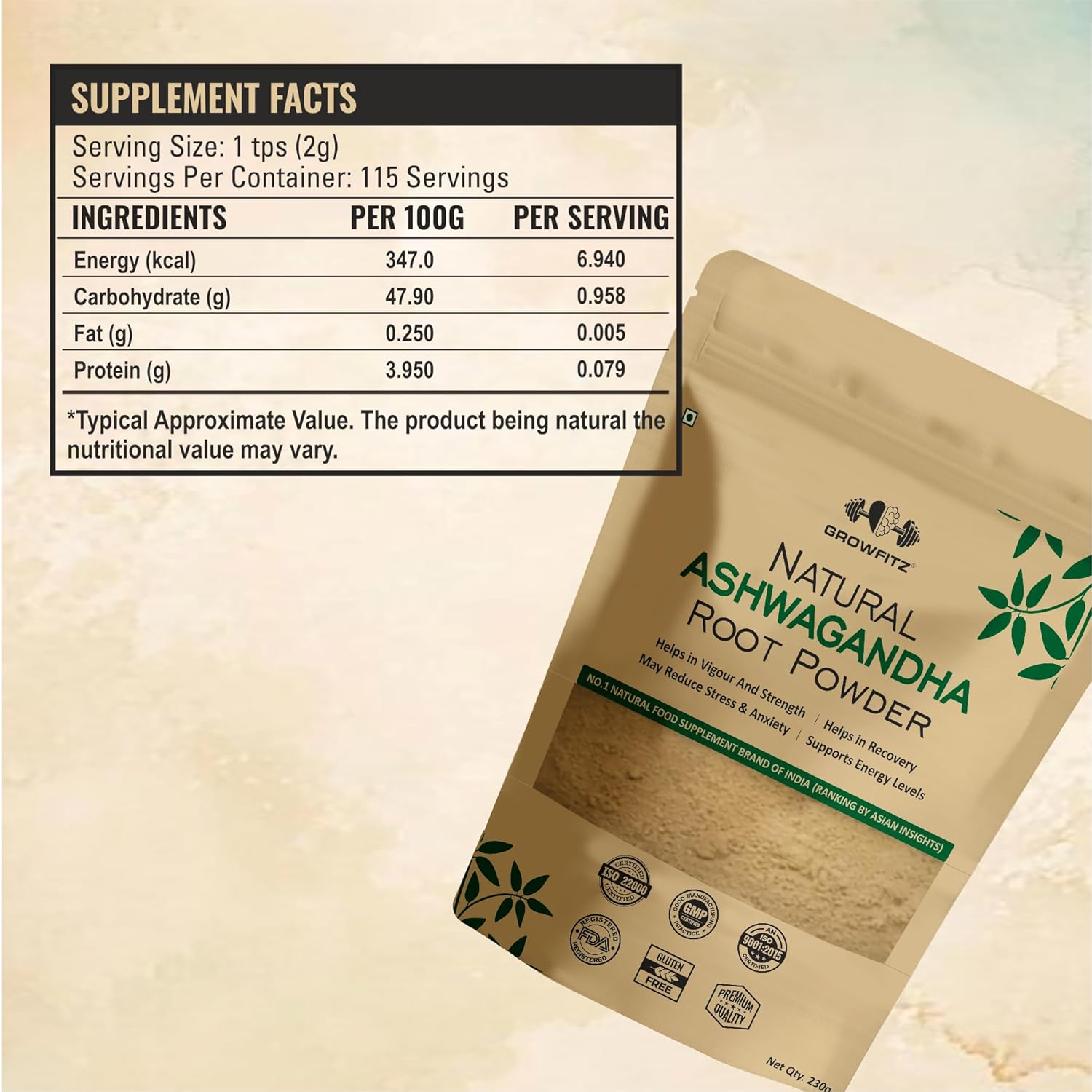 Growfitz 100% Organic Ashwagandha Powder 230g | Withania Somnifera | Energy Boost, Anxiety & Stress Relief, Height Improvement, Immunity System | ISO Certified | Vegan, Gluten-Free | Pack of 1