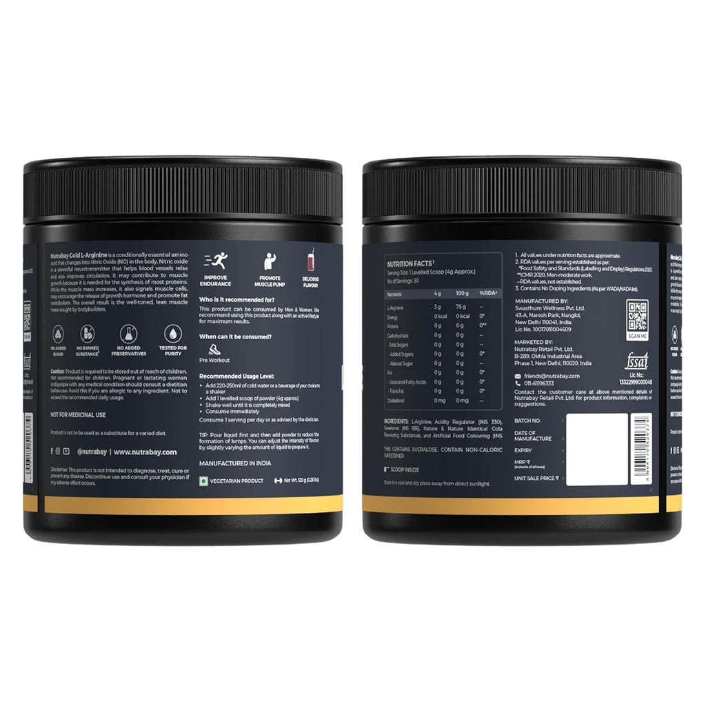 Nutrabay Gold L-Arginine Supplement Powder 120g, Cola Flavor â€“ Pre Workout Amino Acid for Endurance, Muscle Building & Faster Recovery | Tested for Purity | 100% Authentic