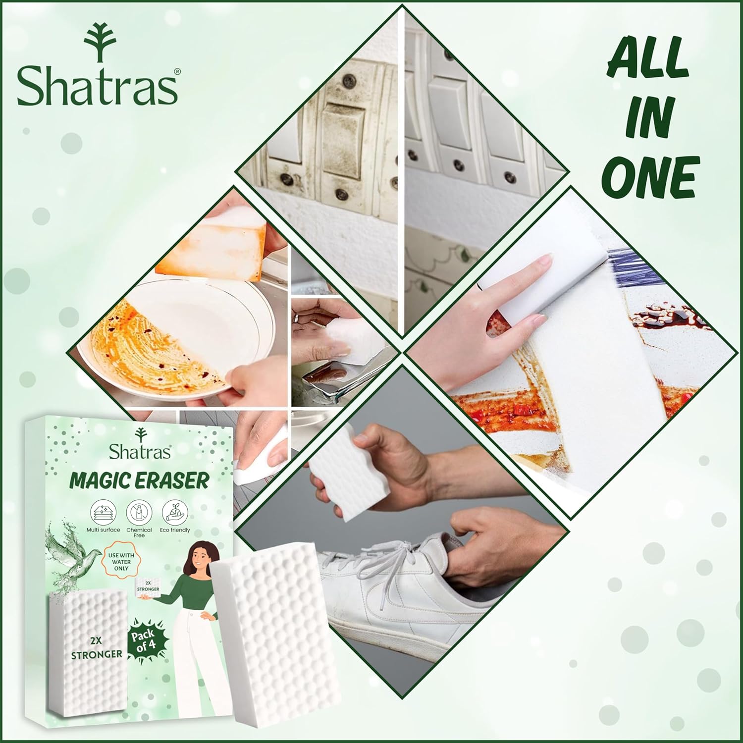 Shatras Magic Eraser Cleaning Sponge – Multipurpose Melamine Foam Stain Remover Foam for Walls, Kitchen, Bathroom, Tiles & Shoes | Just Add Water Stain Remover (Pack of-4)