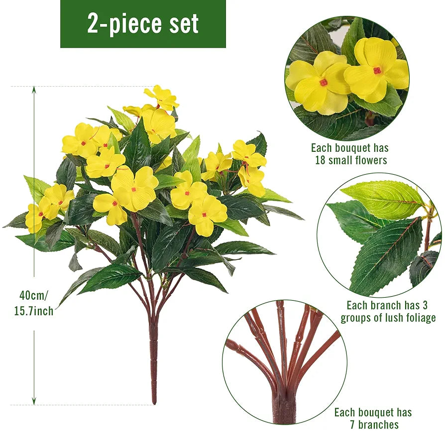 2 Pieces Artificial Flower Impatiens Garden Bonsai Decoration Yellow-2