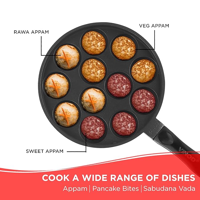 Vinod Zest Aluminium Non Stick Paniyarakal With Glass Lid - 12 Cavities, 20.5Cm | 3Mm Thick | 3 Layer Coating