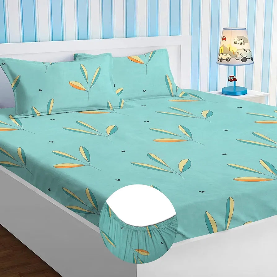 Homekart Premium Cotton Elastic Fitted Bedsheets with 2 King Size Pillow Covers Double Bed with Floral Pattren Aqua Blue 200 tc - 220 tc