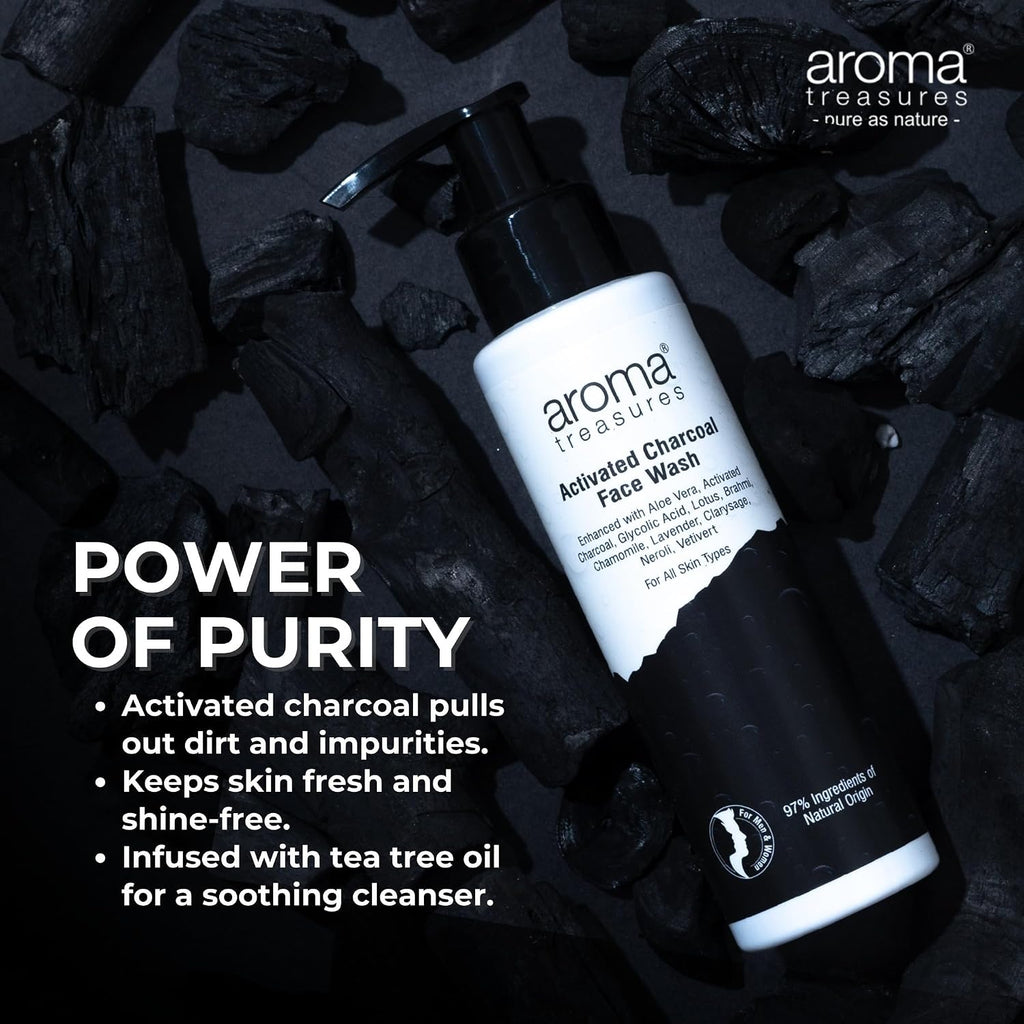 Aroma Treasures Activated Charcoal Face Wash for Men & Women | Deep Cleansing Oil Control Facewash with Aloe Vera & Glycolic Acid for Acne, Bright & Healthy Skin – 100ml