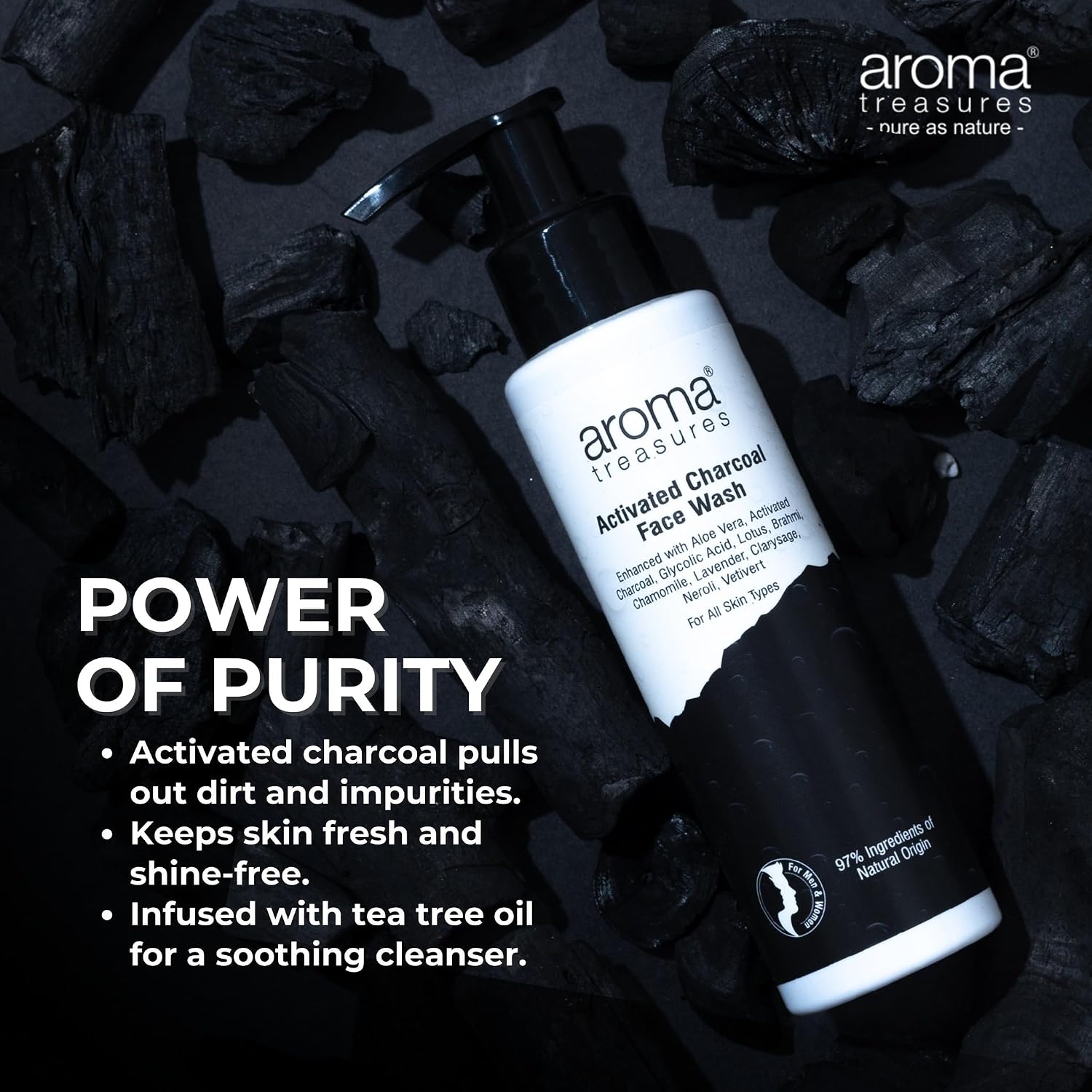 Aroma Treasures Activated Charcoal Face Wash for Men & Women | Deep Cleansing Oil Control Facewash with Aloe Vera & Glycolic Acid for Acne, Bright & Healthy Skin – 100ml
