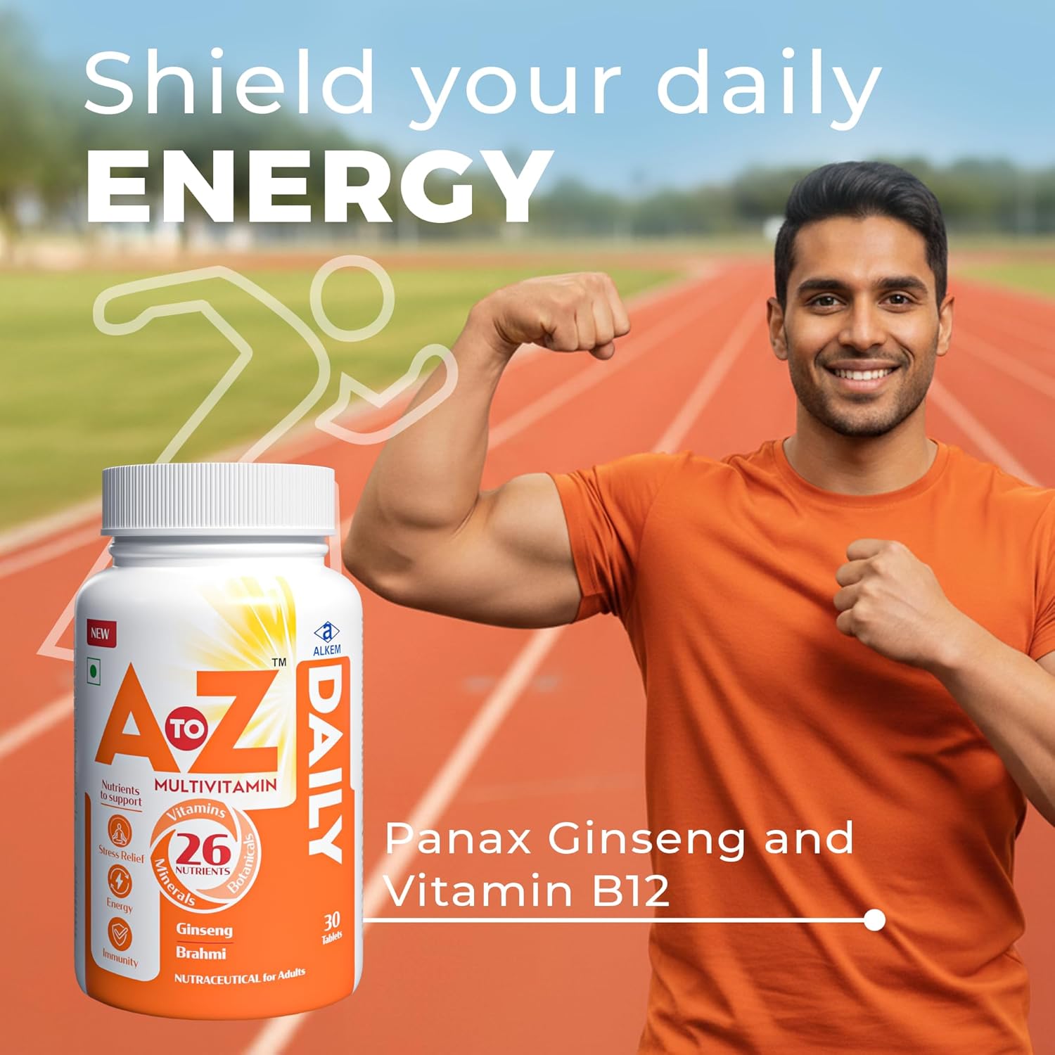A to Z Daily Multivitamin for Men & Women | 26 Essentials Vitamins & Minerals with Ashwagandha, Brahmi, Ginseng & L-Theanine | Energy, Immunity & Stress Support | 30 Veg Tablets