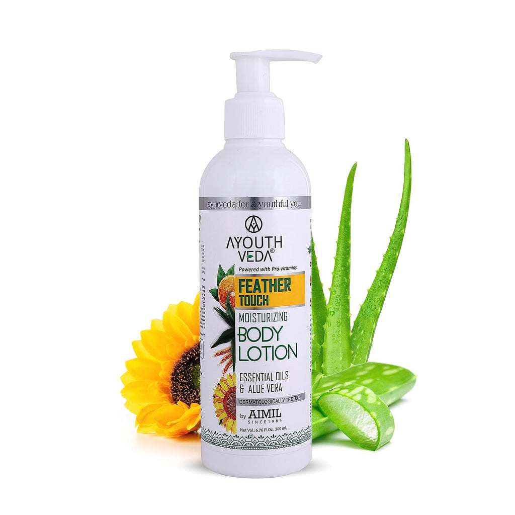 Ayouthveda Feather Touch Moisturizing Body Lotion| Powered with Pro-Vitamins, 5 Essential Oils & AloeVera|Suitable For Normal To Dry Skin| Helps to Repair Damage Skin(Pack Of 1;200ml)