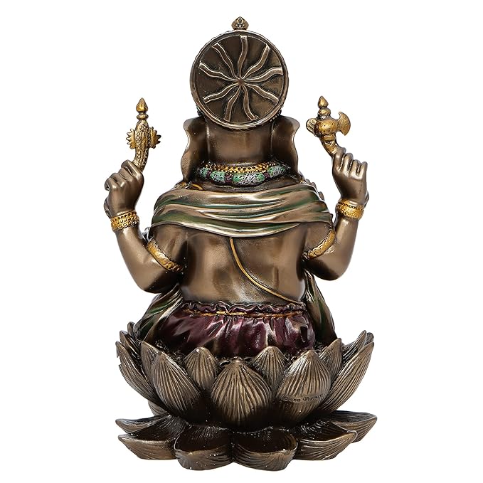 Ecraftindia Handcrafted Polyresin and Bronze Chaturbhuj Lord Ganesha Idol Sitting on Lotus Flower Decorative Statue for Home