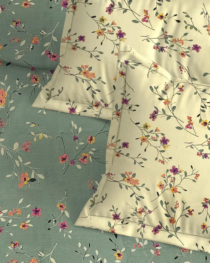 Trance Home Linen 180TC 100% Cotton 78"x72" Standard King Size Elastic Fitted Bedsheet Printed King Bed Size with 2 Pillow Covers King 78x72 inch Colour Lilly Green Ivory