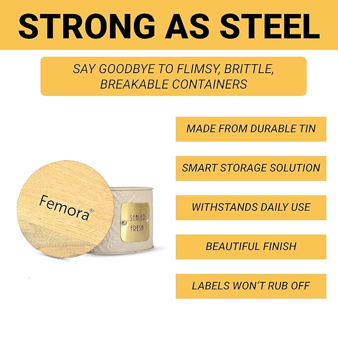 Femora Kitchen Storage Jars Tin Jar With Wooden Lid Air Tight Jar | 300 Ml | Pack of 2