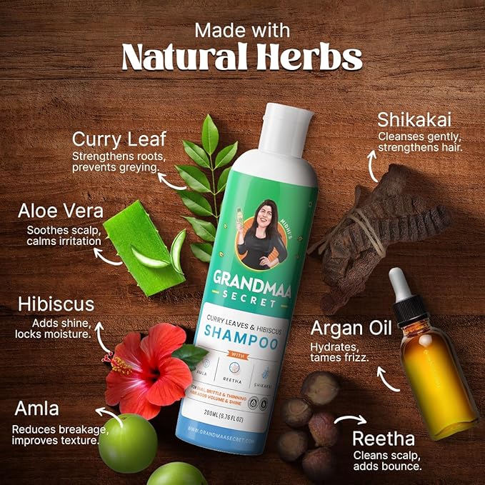 Nidhi’s Grandmaa Secret Herbal Shampoo for Hair Fall | Natural Shampoo for Dandruff With Curry Leaves & Hibiscus - 200 Ml