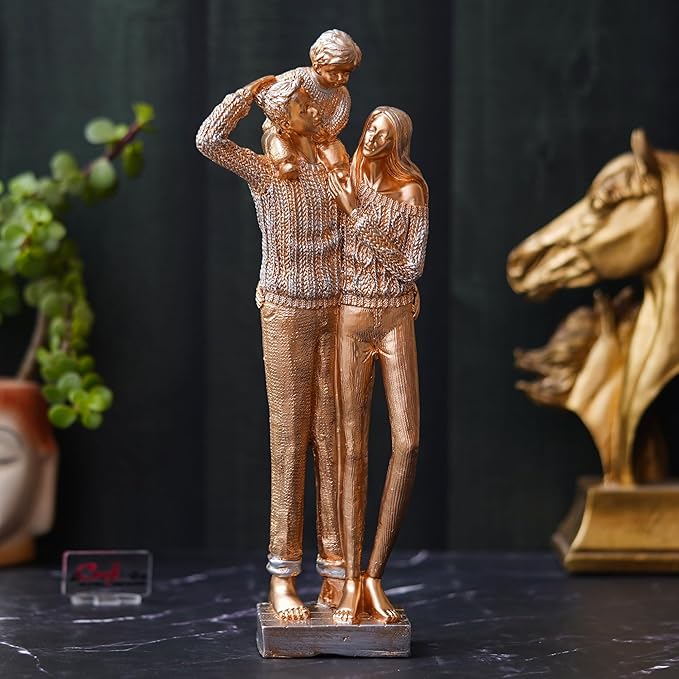 Ecraftindia Golden Beloved Family of Husband, Wife, and Kid on Father's Shoulder Human Figurines Decorative Showpiece