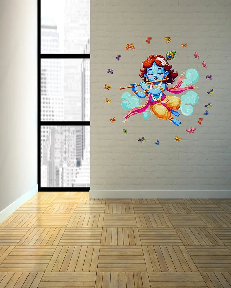 Rng Graphics Pvc Vinyl Little Krishna Wall Sticker With Butterflies Multicolor 55 Cm X 55cm DW-139L