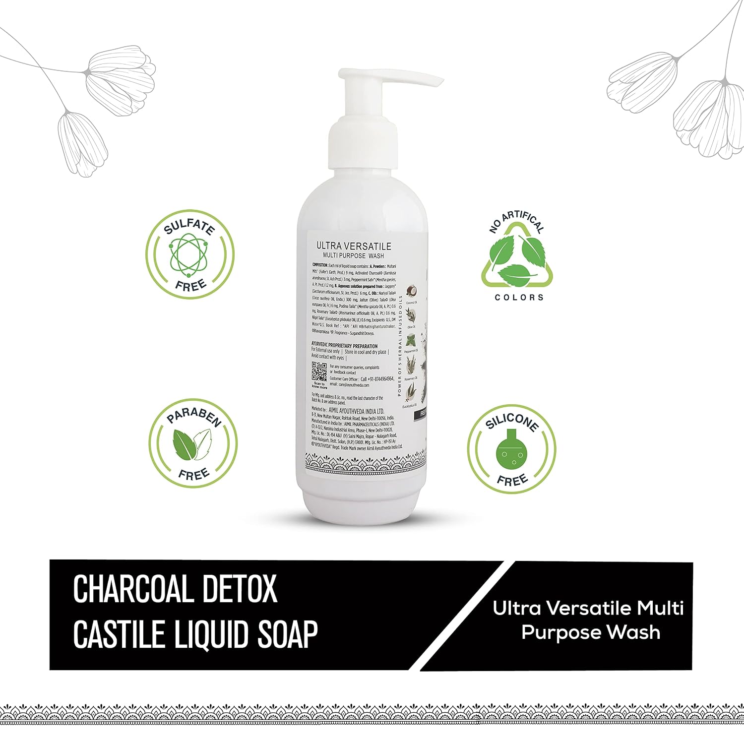 Ayouthveda Charcoal Detox Castile Liquid Soap 4 in 1 | Multipurpose Wash for Face & Body | Deeply Cleanses & Detoxifies Skin | Germ Protection Wash (Pack of 1-200ml)